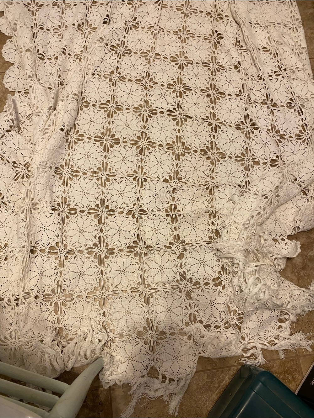 Handmade White Crochet Lace Throw with Fringed Edges